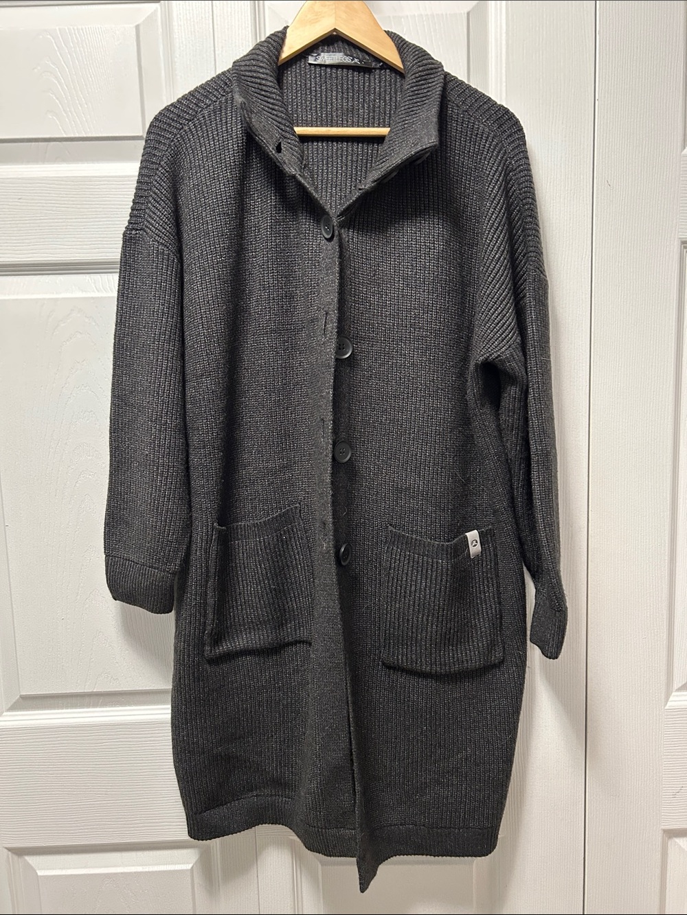 Long Charcoal Gray Button-Front Knit Cardigan